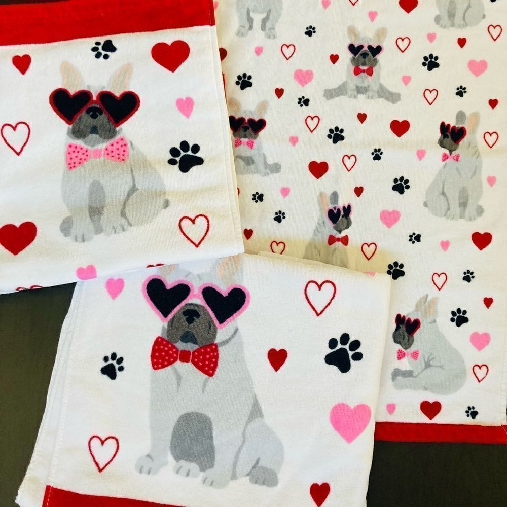Valentine Frenchie Dogs 3-pc Bath Towels Set